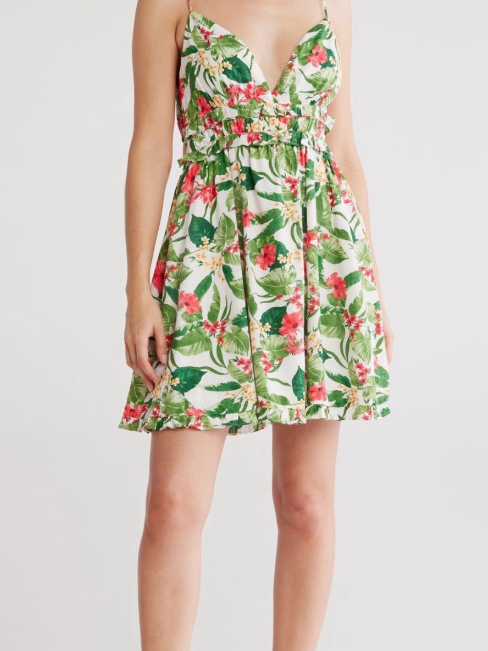 Wayf Tropical Floral Mini Dress in Green & Pink